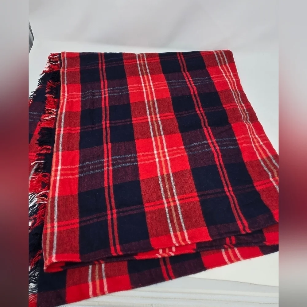 LOFT OVERSIZE RED & BLUE PLAID BLANKET SCARF SHAWL WRAP COTTON BLEND WOMEN OS